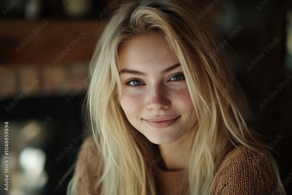 Natural beauty portrait of smiling young woman with blond hair and freckles Natural beauty portrait of smiling young woman with blond hair and freckles