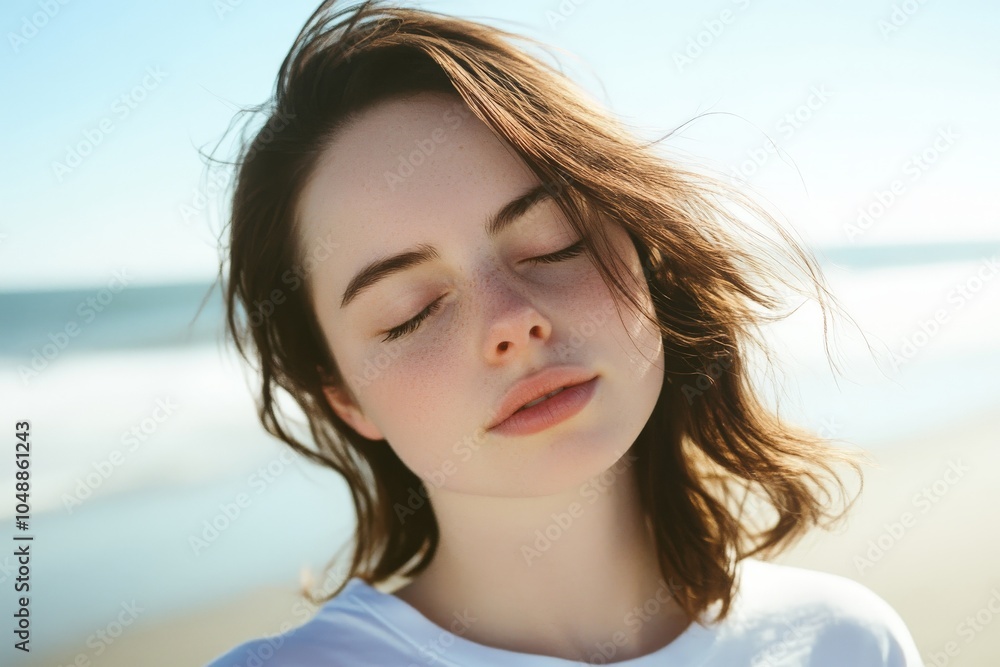 Serene woman with eyes closed relaxing on a sunny beach Serene woman with eyes closed relaxing on a sunny beach