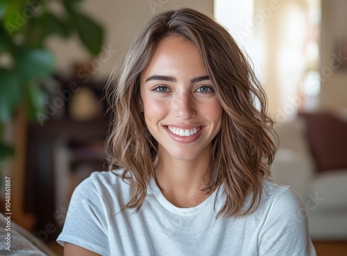 Free Download Smiling woman with brown hair in casual home setting - GFXLoad