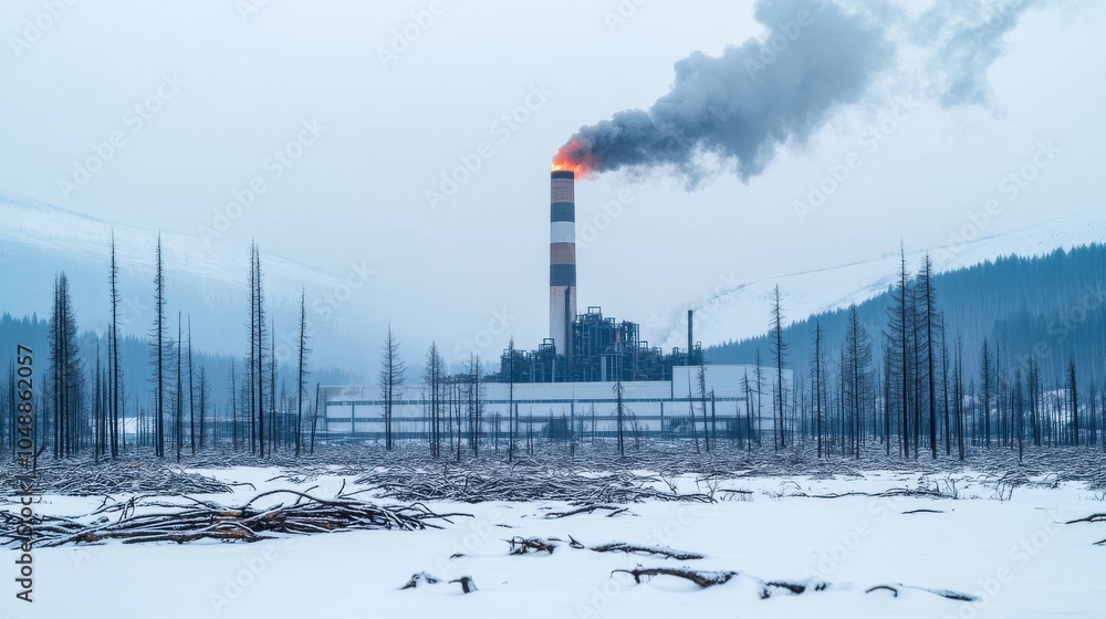 Obraz premium Factory Amidst a Snowy, Burned Landscape