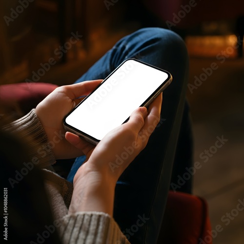 A person sitting in a chair, holding a smartphone with a blank white screen in their hands.