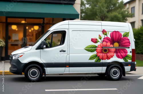 An image showcasing a sleek, modern van, painted white, with a large, colorful floral design on the side, indicating it's a flower delivery vehicle.	
 photo