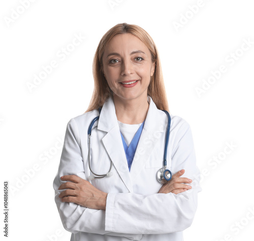 Smiling doctor with stethoscope on white background