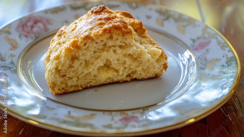 A golden brown scone sits on a white plate with a floral pattern. It looks delicious and freshly baked. A golden brown scone sits on a white plate with a floral pattern. It looks delicious and freshly baked.