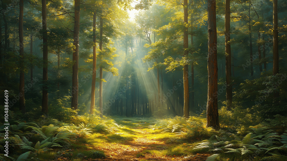 Obraz premium Dense forest with sunlight filtering through the trees: A lush forest scene with tall, leafy trees. Sunlight filters through the branches, casting warm dappled light on the forest
