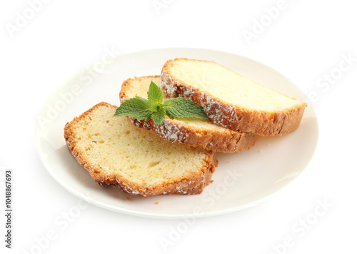 Slices of freshly baked sponge cake isolated on white