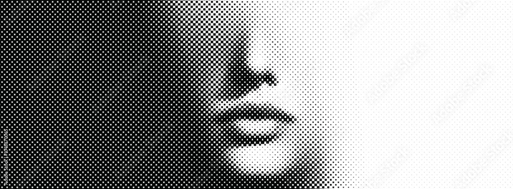A face emerges subtly from a faint background, overlaid with a transparent halftone dot screen ideal for comics, magazines, and advertisements.
