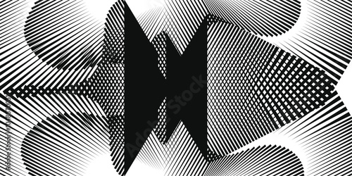 Black and white abstract geometric halftone pattern featuring layered, starburst line effects.