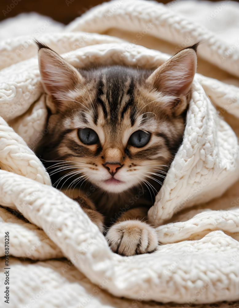 Cute kitten wrapped in a cozy blanket with a playful expression Cute kitten wrapped in a cozy blanket with a playful expression