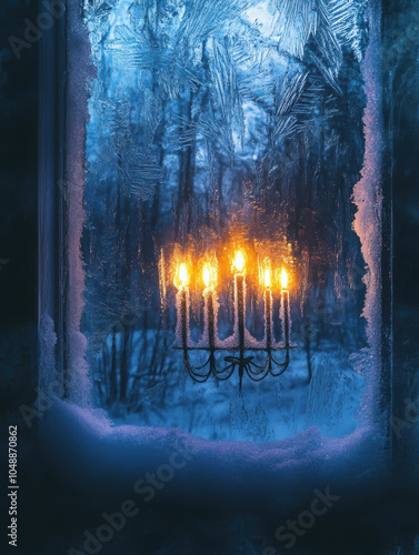 glowing menorah is beautifully placed in front of icy windowpane, creating warm contrast against cold, frosty backdrop. scene evokes sense of warmth and tranquility photo