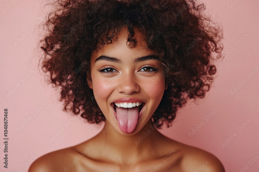 Beautiful woman with afro hair style sticking out tongue on pink background Beautiful woman with afro hair style sticking out tongue on pink background