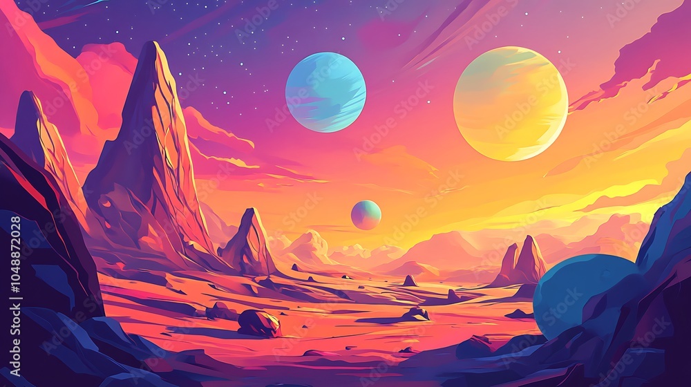 A vibrant, stylized depiction of a desert landscape with three large planets in the sky. A vibrant, stylized depiction of a desert landscape with three large planets in the sky.
