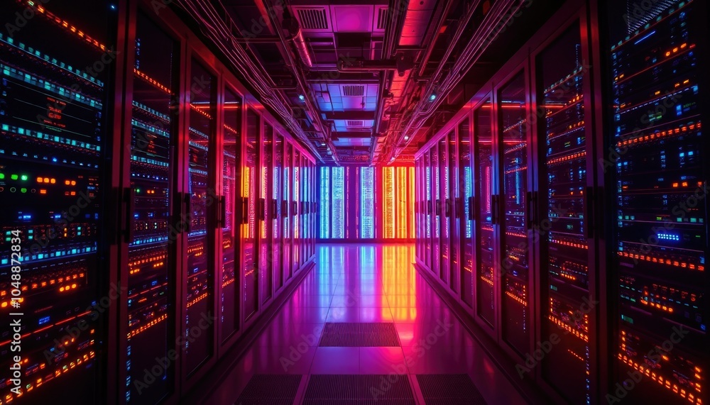 Fototapeta premium High-tech server room with pulsing lights and glowing cables, showcasing advanced data storage systems and seamless digital connections. AI-generated