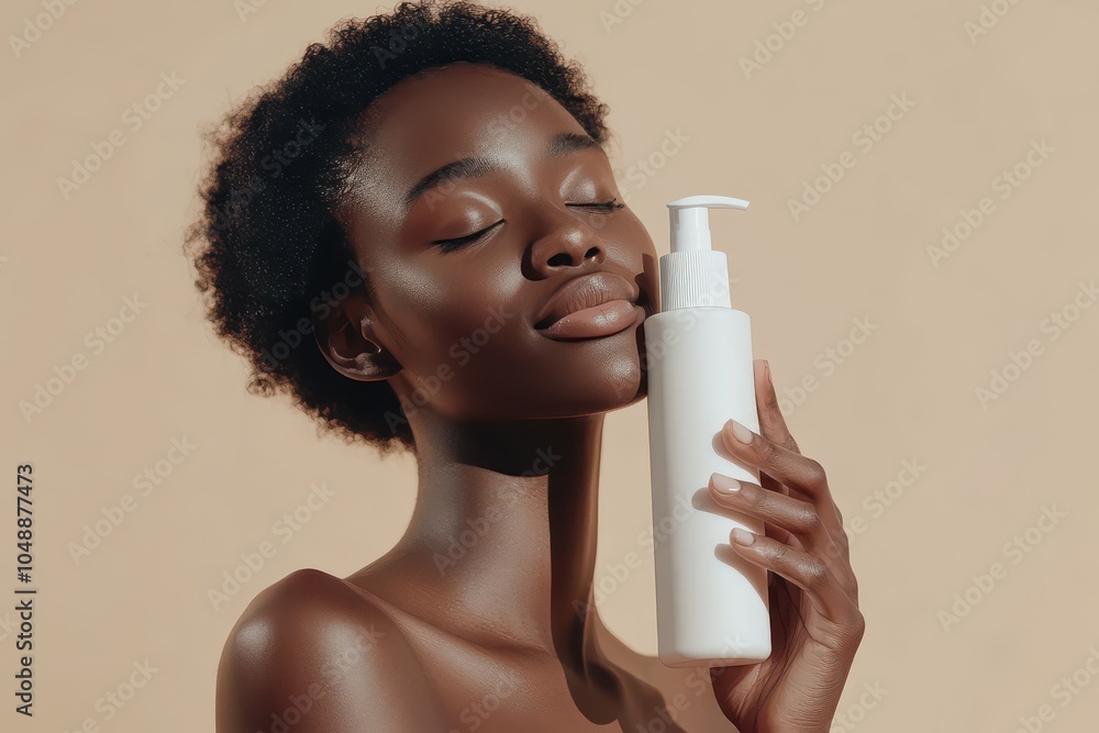 A young woman with natural hair enjoys her skincare routine while holding a cleanser near her face A young woman with natural hair enjoys her skincare routine while holding a cleanser near her face