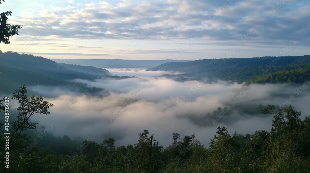 Fog and mist gracefully blanket the calm lake at dawn, surrounded by mountains and reflected in the tranquil water under a colorful sunrise Fog and mist gracefully blanket the calm lake at dawn, surrounded by mountains and reflected in the tranquil water under a colorful sunrise