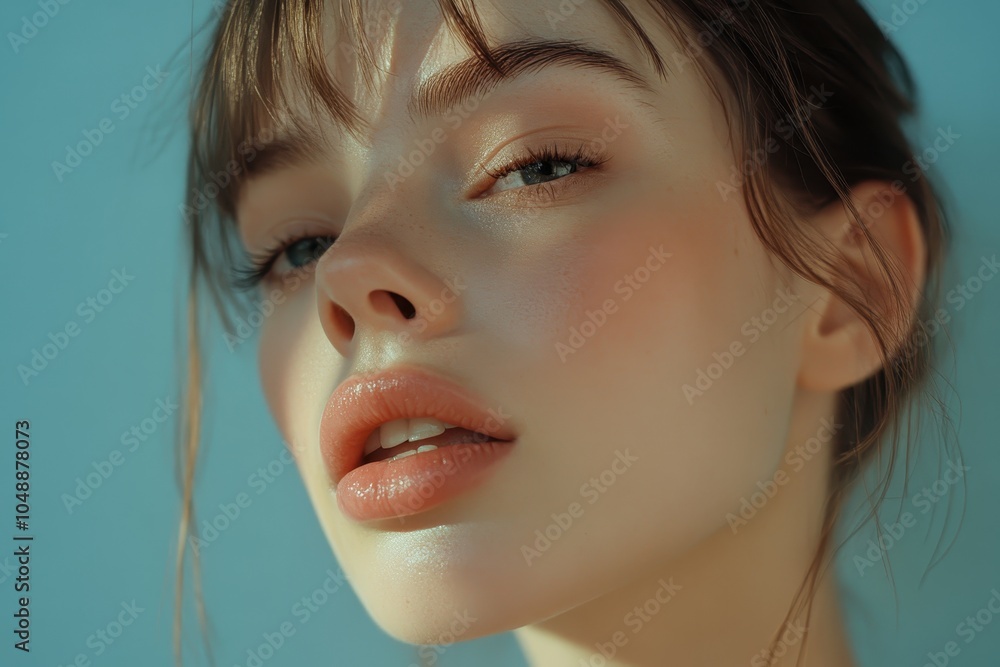 Close-up of a young woman with soft features and natural makeup against a blue background during golden hour Close-up of a young woman with soft features and natural makeup against a blue background during golden hour