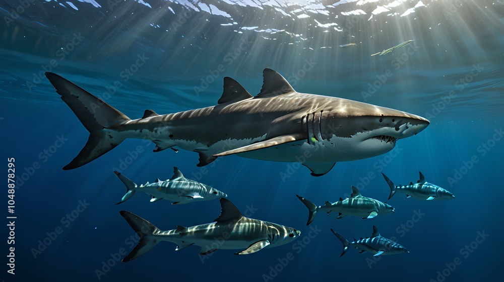 Fototapeta premium shark swimming underwater in clear water for tourism, holiday adventure and travel. Blue, detailed and beautiful scene of wildlife in their habitat for environment and eco system.