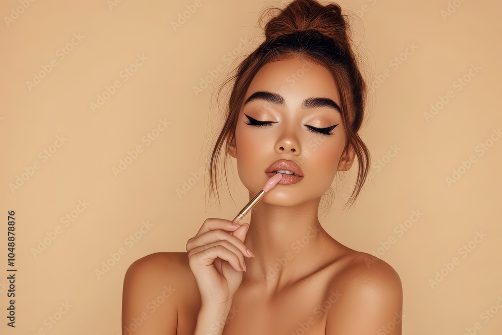 A young woman applying lipstick while posing against a warm beige backdrop in a beauty studio A young woman applying lipstick while posing against a warm beige backdrop in a beauty studio