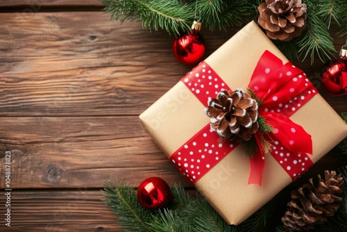 A wrapped Christmas gift adorned with pine cones and evergreen branches on a rustic wooden surface.
