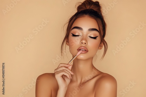 A young woman applying lipstick while posing against a warm beige backdrop in a beauty studio