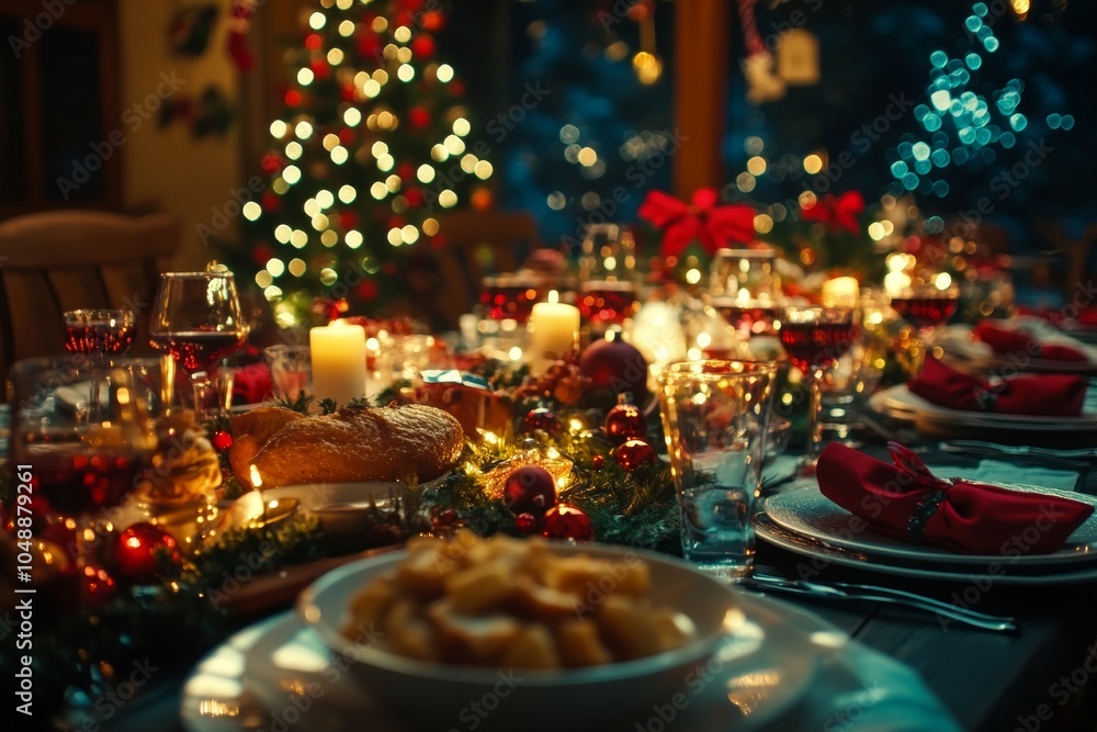 Festive Christmas dinner table with candles, red wine, and holiday decorations. Blurred Christmas tree lights in the background add warmth and holiday cheer. Festive Christmas dinner table with candles, red wine, and holiday decorations. Blurred Christmas tree lights in the background add warmth and holiday cheer.