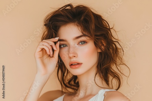 Young woman with wavy hair poses elegantly against a warm-toned background in soft lighting