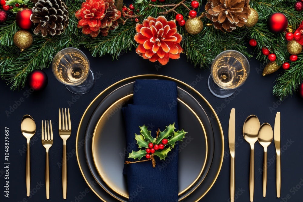 Christmas table setting with golden cutlery, navy blue plates, and festive decorations of pinecones and red ornaments. Suitable for elegant holiday dining visuals.