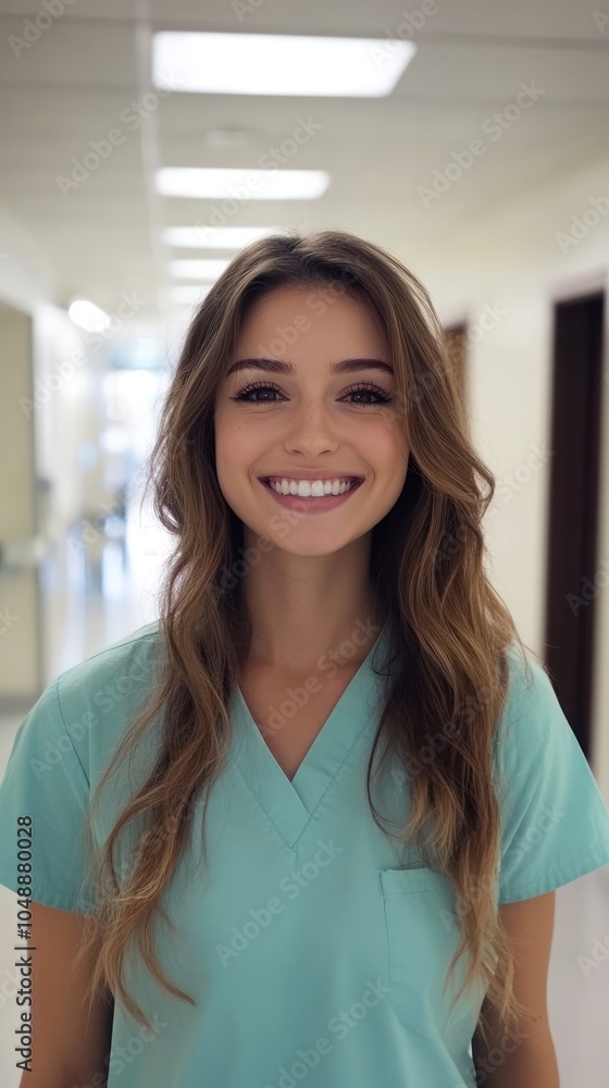 Fototapeta premium A smiling healthcare professional in scrubs stands in a hospital corridor.