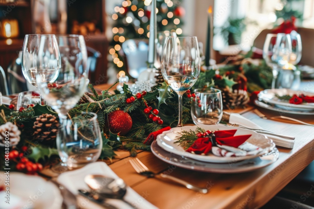 Festive Christmas dinner table elegantly set with decorations and a lit Christmas tree in the background. Festive Christmas dinner table elegantly set with decorations and a lit Christmas tree in the background.