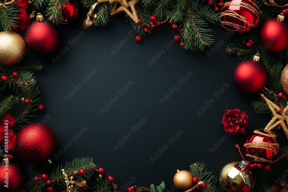 Festive Christmas wreath adorned with red and gold ornaments and pinecones on a wooden door. Festive Christmas wreath adorned with red and gold ornaments and pinecones on a wooden door.