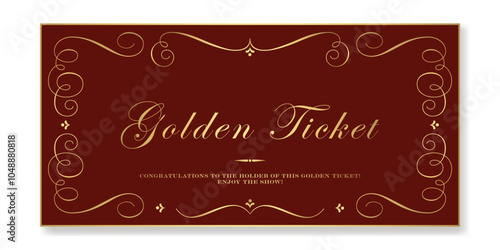 Golden ticket on dark red background. Premium vector ticket template in vintage Victorian style for classic gala events and campaigns. For web and print. 