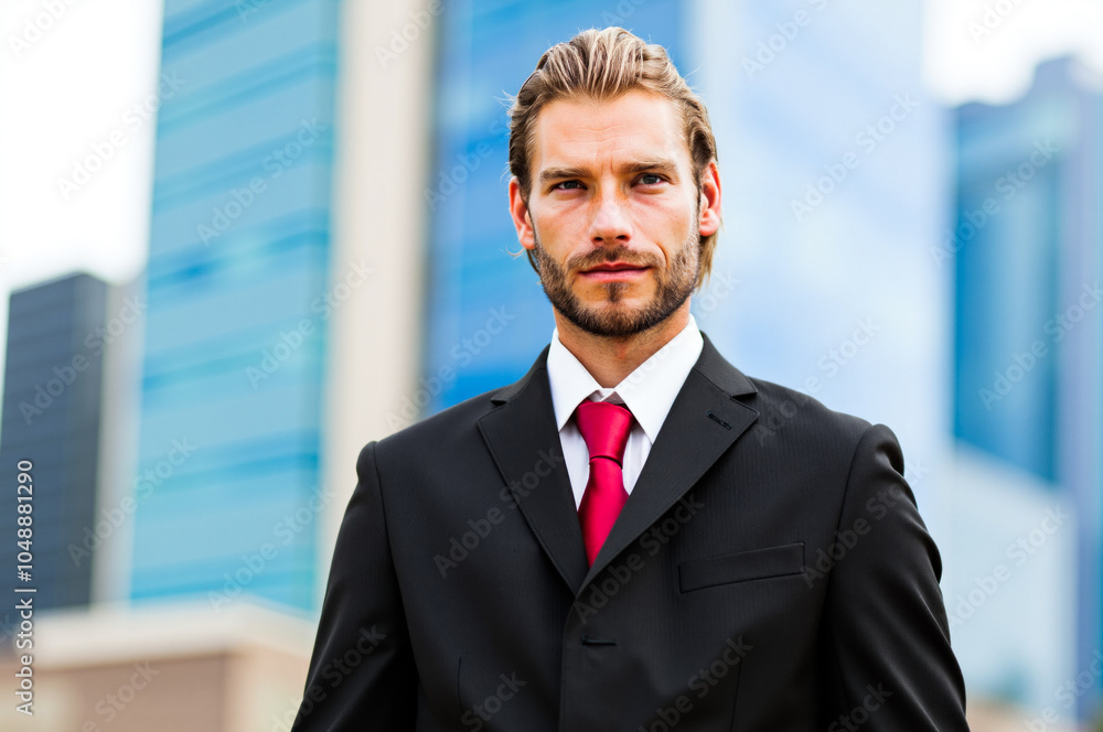 Businessman wearing suit standing near office buildings Businessman wearing suit standing near office buildings