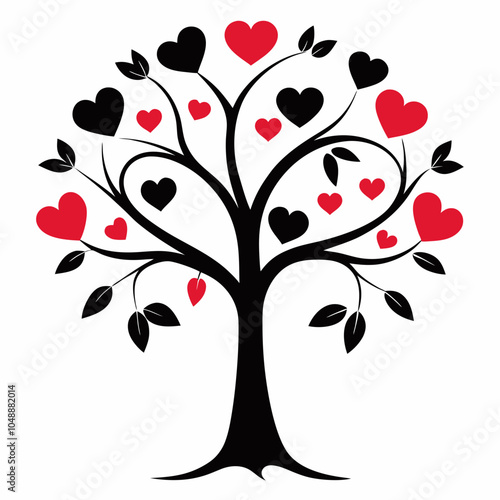 A whimsical tree with heart leaves silhouette illustration