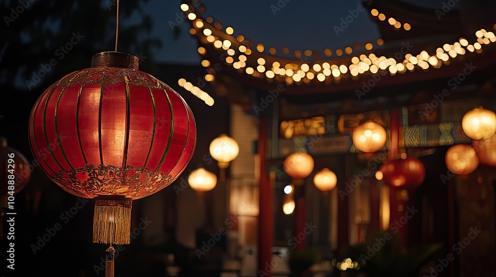 Obraz premium A beautiful Asian pagoda at night, illuminated with lanterns.