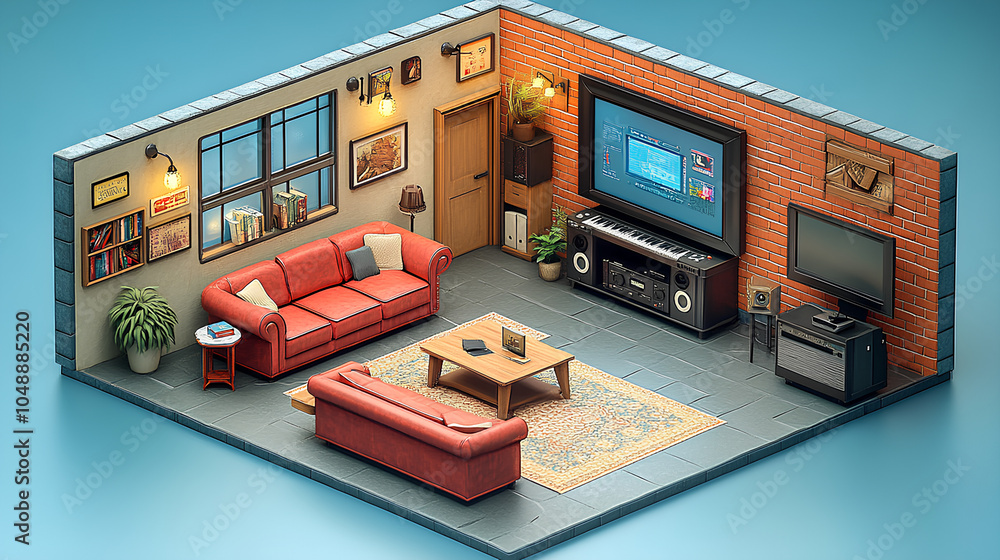 Isometric view of a television studio flat illustration Isometric view of a television studio flat illustration