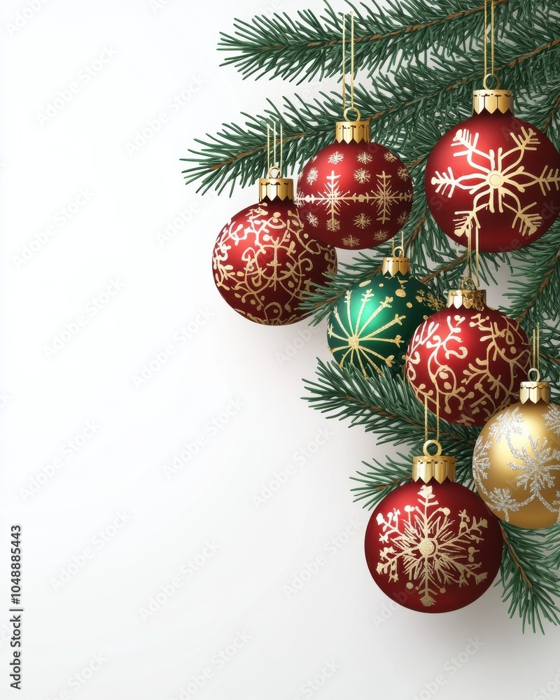 Elegant Christmas Tree Ornaments: Red and Gold Baubles with Snowflake Patterns, Festive Greenery, Holiday Decor, Seasonal Celebration, Merry Christmas Ambiance Elegant Christmas Tree Ornaments: Red and Gold Baubles with Snowflake Patterns, Festive Greenery, Holiday Decor, Seasonal Celebration, Merry Christmas Ambiance