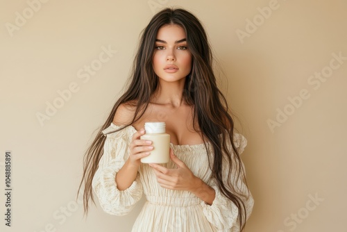 A young woman in a light dress holding a skincare bottle against a neutral background photo