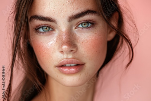 A close-up portrait of a young woman with natural makeup and freckles against a soft pink background