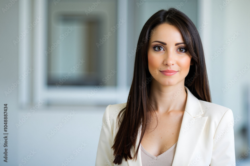 Confident businesswoman smiling in office building hallway Confident businesswoman smiling in office building hallway