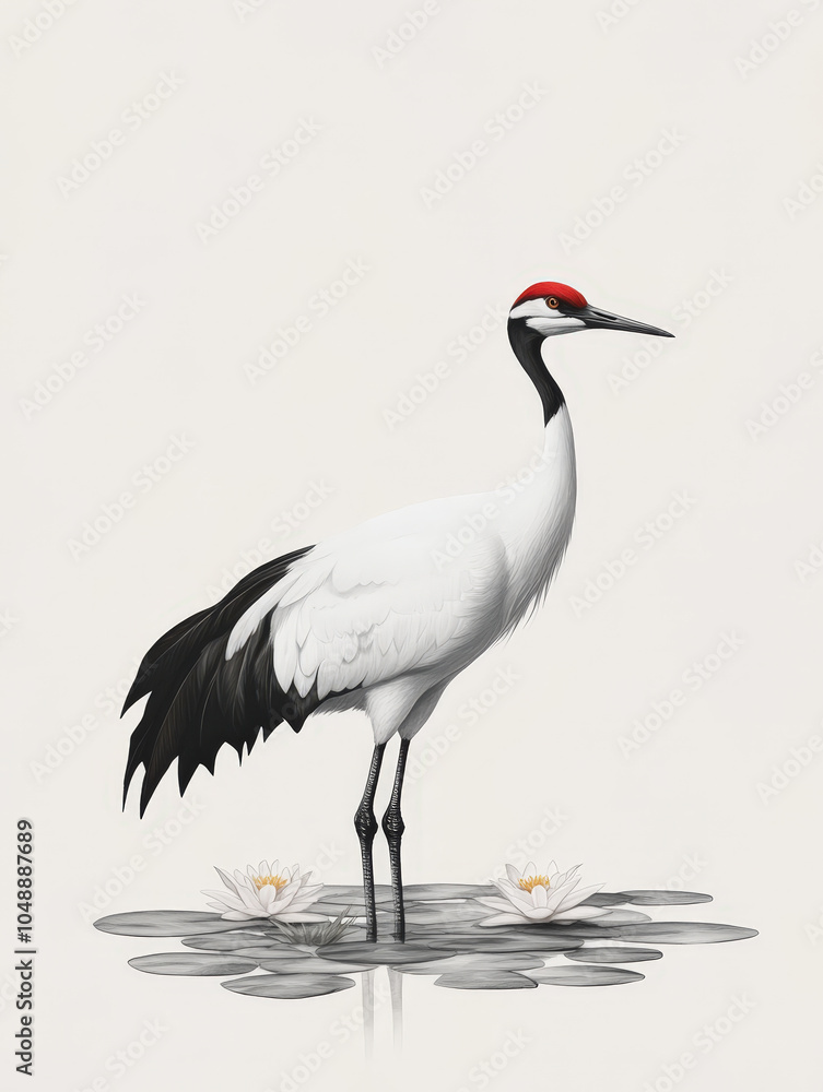 Fototapeta premium Elegant Crane with Lotus Flowers in Ink Painting