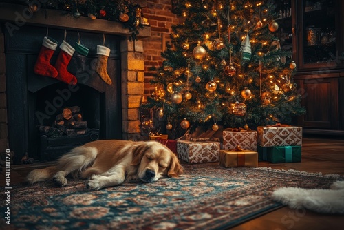 A cozy scene of a dog sleeping on a rug near a decorated Christmas tree, fireplace, and stockings, capturing holiday warmth and peace.
