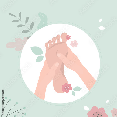 Spa salon procedures. Feet massage done by professional masseuse. Care and treatment, relief of pain and relax with lotion. Moisturizing effect. Beauty salon promotion banner.
