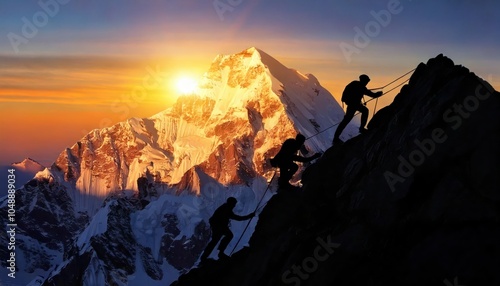 silhouette of hikers climbing up epic mountain peak during sunset sunrise, mountaineers hiking large mountain range photo