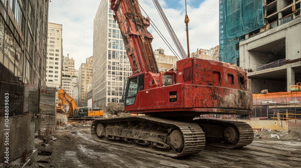 Red Crawler Crane at an Urban Construction Site Red Crawler Crane at an Urban Construction Site