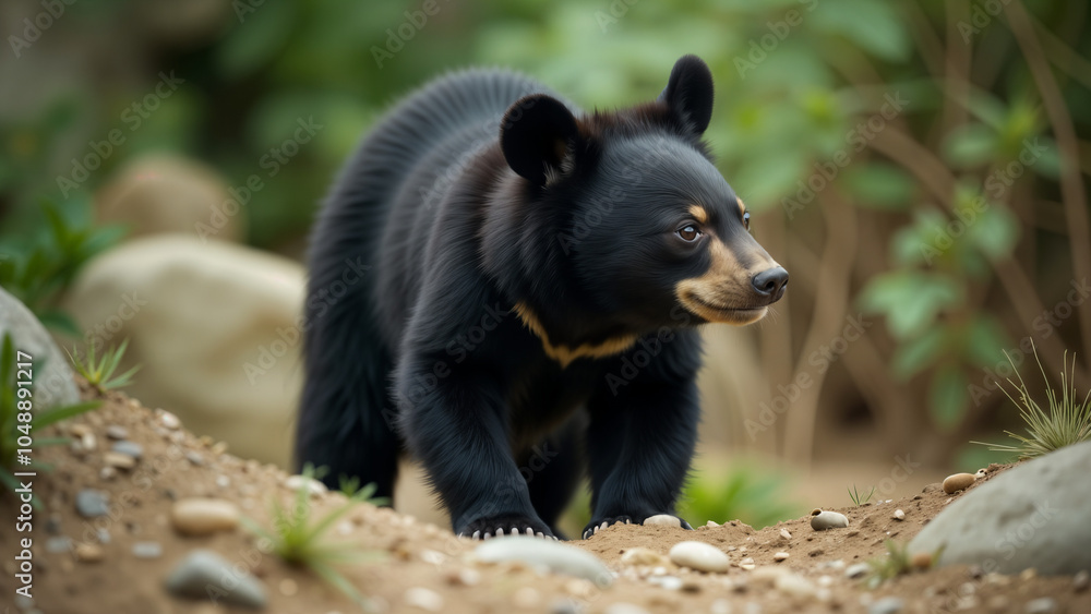 A Young Black Bear Exploring Its Natural Enclosure in a Wildlife Sanctuary Surrounded by Trees and Rocks A Young Black Bear Exploring Its Natural Enclosure in a Wildlife Sanctuary Surrounded by Trees and Rocks