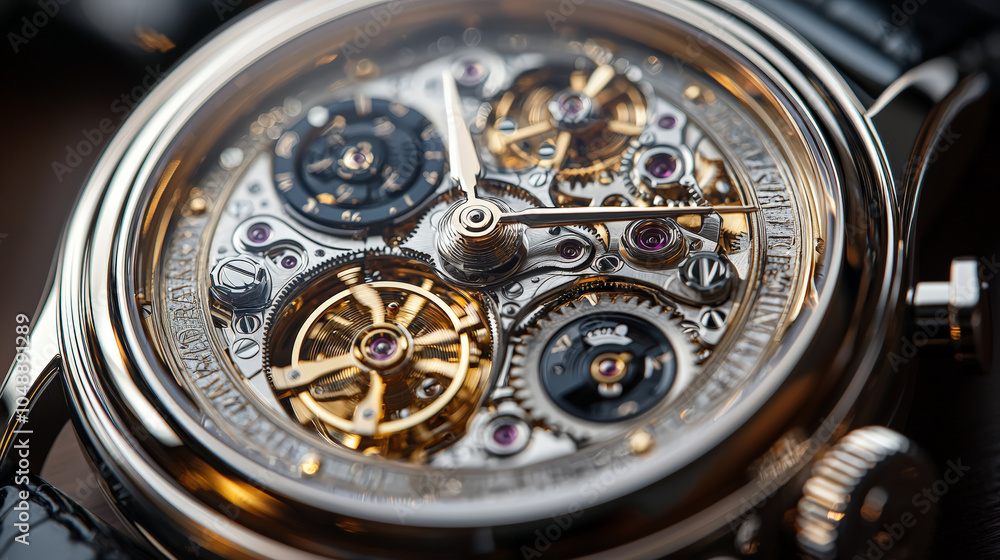 This captivating top view image reveals the inner workings of a watch, showcasing a complex arrangement of intricate silver cogs within the watch face. Generative AI This captivating top view image reveals the inner workings of a watch, showcasing a complex arrangement of intricate silver cogs within the watch face. Generative AI
