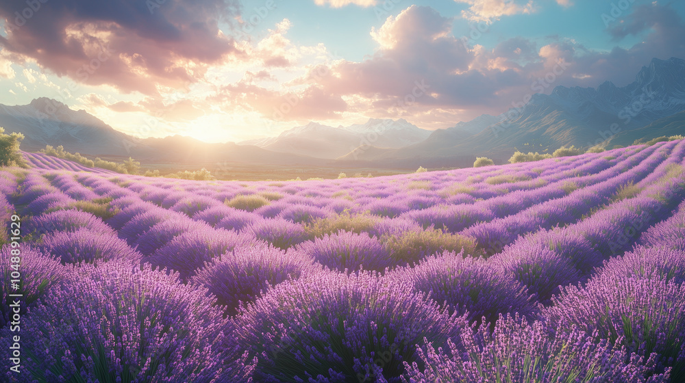 Obraz premium Sunlit lavender fields stretching into the horizon: Endless rows of lavender stretch across a rolling landscape under a bright blue sky. The sunlight bathes the fields in a soft pu
