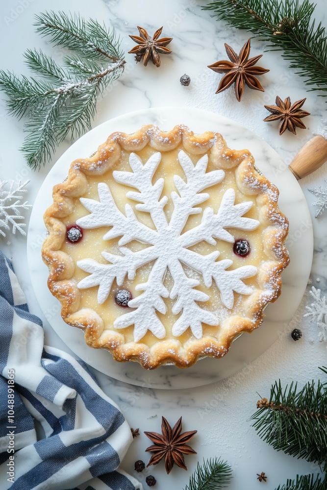 berry pie with a snowflake-shaped crust design, dusted lightly with powdered sugar, placed on a light marble background berry pie with a snowflake-shaped crust design, dusted lightly with powdered sugar, placed on a light marble background