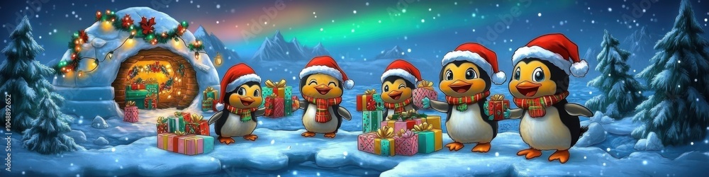 Festive Christmas Penguins with Santa Hats in Magical Winter Wonderland, Holding Gifts and Singing Under Northern Lights and Candy Cane Archway in Snowy Forest Festive Christmas Penguins with Santa Hats in Magical Winter Wonderland, Holding Gifts and Singing Under Northern Lights and Candy Cane Archway in Snowy Forest