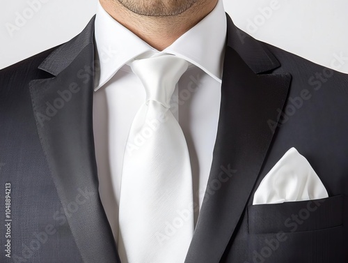 Elegant white tie paired with a tuxedo, showcasing refined style for formal events, white tie tuxedo, luxury formalwear photo